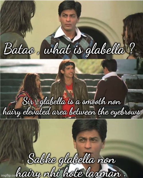 What is glabella | Batao , what is glabella ? Sir , glabella is a smooth non hairy elevated area between the eyebrows; Sabke glabella non hairy nhi hote laxman . | image tagged in laxman meme,anatomy | made w/ Imgflip meme maker