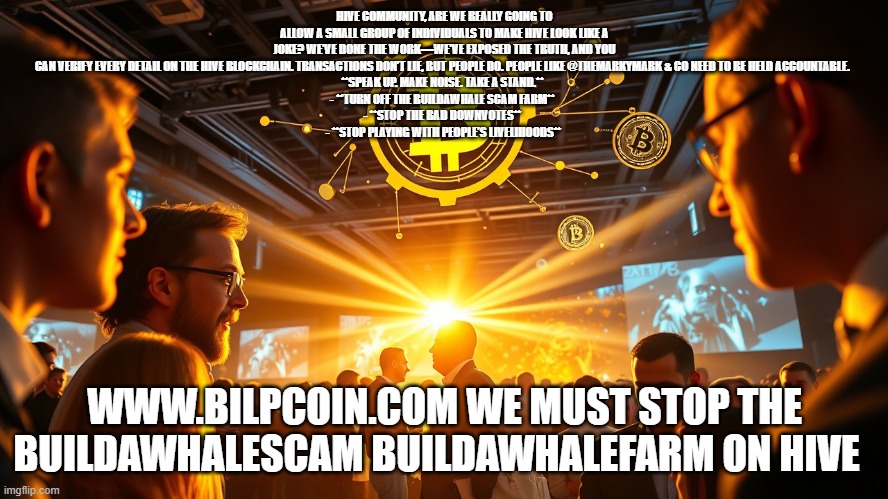 HIVE COMMUNITY, ARE WE REALLY GOING TO ALLOW A SMALL GROUP OF INDIVIDUALS TO MAKE HIVE LOOK LIKE A JOKE? WE’VE DONE THE WORK—WE’VE EXPOSED THE TRUTH, AND YOU CAN VERIFY EVERY DETAIL ON THE HIVE BLOCKCHAIN. TRANSACTIONS DON’T LIE, BUT PEOPLE DO. PEOPLE LIKE @THEMARKYMARK & CO NEED TO BE HELD ACCOUNTABLE.  
**SPEAK UP. MAKE NOISE. TAKE A STAND.**  
- **TURN OFF THE BUILDAWHALE SCAM FARM**  
- **STOP THE BAD DOWNVOTES**  
- **STOP PLAYING WITH PEOPLE’S LIVELIHOODS**; WWW.BILPCOIN.COM WE MUST STOP THE BUILDAWHALESCAM BUILDAWHALEFARM ON HIVE | made w/ Imgflip meme maker