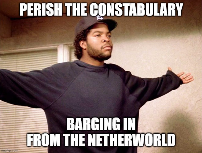 ice cube | PERISH THE CONSTABULARY BARGING IN
FROM THE NETHERWORLD | image tagged in ice cube | made w/ Imgflip meme maker