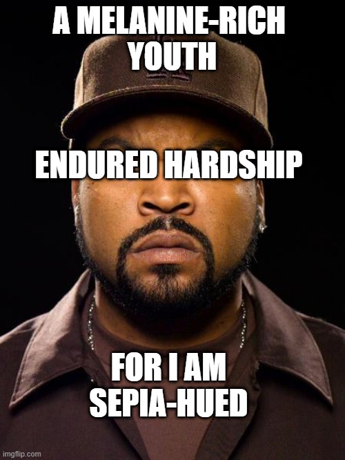 Ice Cube | A MELANINE-RICH 
YOUTH FOR I AM SEPIA-HUED ENDURED HARDSHIP | image tagged in ice cube | made w/ Imgflip meme maker