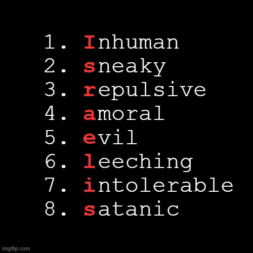 Eight Deadly Sins: Genocide against Palestinians in Gaza | I
s
r
a
e
l
i
s; 1.  nhuman
2.  neaky
3.  epulsive
4.  moral
5.  vil
6.  eeching
7.  ntolerable
8.  atanic | image tagged in seven deadly sins,israel,israel jews,absolutely barbaric,palestine,genocide | made w/ Imgflip meme maker