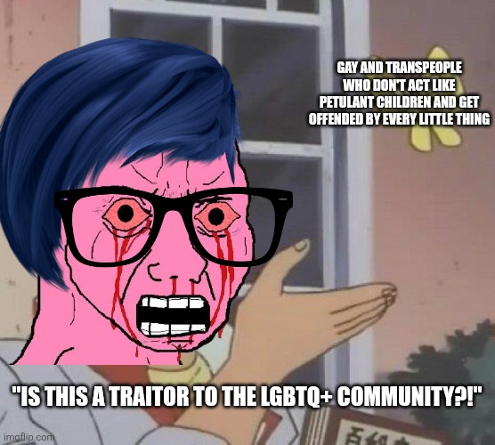 I have been hard on the LGBTQ+, I shouldn't make broad generalizations but there are some people that give grist to one's mill | GAY AND TRANSPEOPLE WHO DON'T ACT LIKE PETULANT CHILDREN AND GET OFFENDED BY EVERY LITTLE THING; "IS THIS A TRAITOR TO THE LGBTQ+ COMMUNITY?!" | image tagged in memes,is this a pigeon,lgbtq,stupid liberals,snowflakes,cringe | made w/ Imgflip meme maker