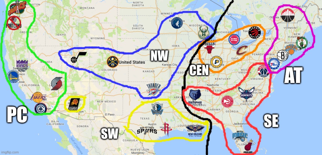 NBA Divisions meme | NW; CEN; AT; SE; PC; SW | image tagged in memes,nba,basketball,video games,rockets | made w/ Imgflip meme maker