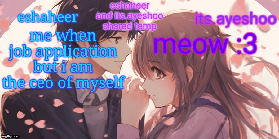 eshaheer and its.ayeshoo shared template | me when job application but i am the ceo of myself; meow :3 | image tagged in eshaheer and its ayeshoo shared template | made w/ Imgflip meme maker