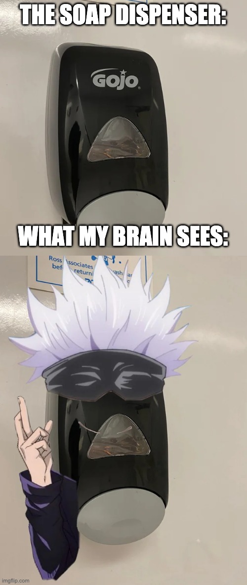 the soap dispenser vs what my brain sees | THE SOAP DISPENSER:; WHAT MY BRAIN SEES: | image tagged in memes about memes,soapturo,gojo,lol | made w/ Imgflip meme maker