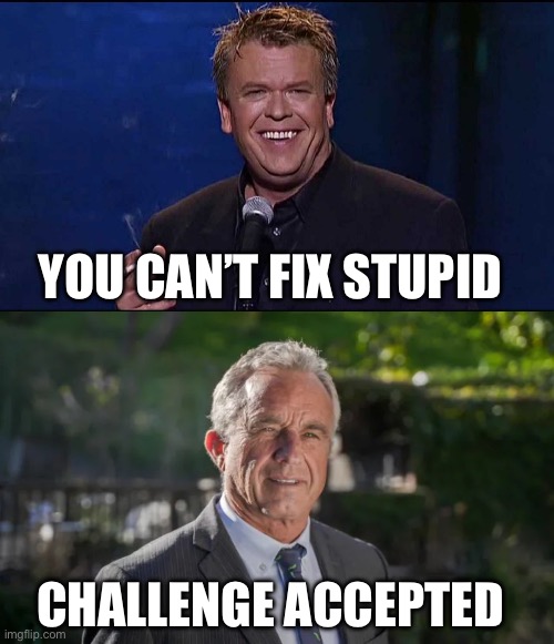 Just saying… | YOU CAN’T FIX STUPID; CHALLENGE ACCEPTED | image tagged in ron white,robert f kennedy jr | made w/ Imgflip meme maker