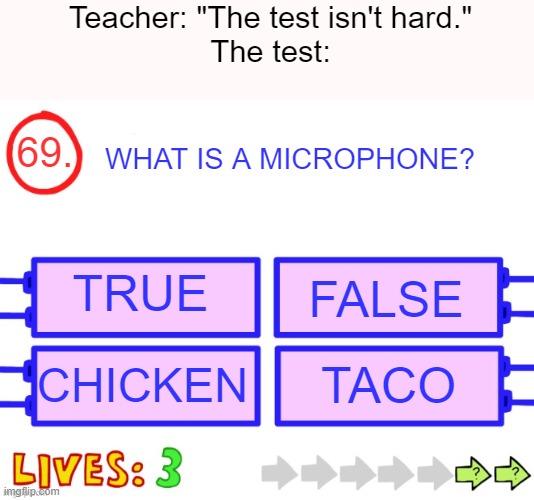 Meme #34: When teachers say the test isn't hard | Teacher: "The test isn't hard."
The test:; WHAT IS A MICROPHONE? 69. TRUE; FALSE; CHICKEN; TACO | image tagged in blank the impossible quiz question | made w/ Imgflip meme maker
