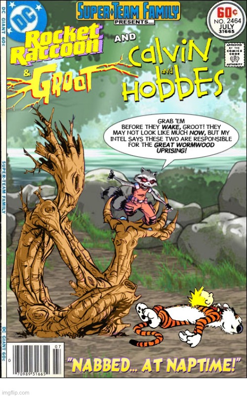 image tagged in calvin and hobbes,rocket raccoon,groot,marvel comics,mashup | made w/ Imgflip meme maker