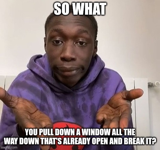 life hack windows | SO WHAT; YOU PULL DOWN A WINDOW ALL THE WAY DOWN THAT'S ALREADY OPEN AND BREAK IT? | image tagged in kaby,lame,window memes | made w/ Imgflip meme maker