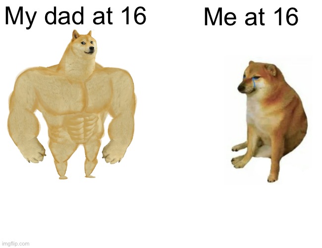 Buff Doge vs. Cheems | My dad at 16; Me at 16 | image tagged in memes,buff doge vs cheems | made w/ Imgflip meme maker