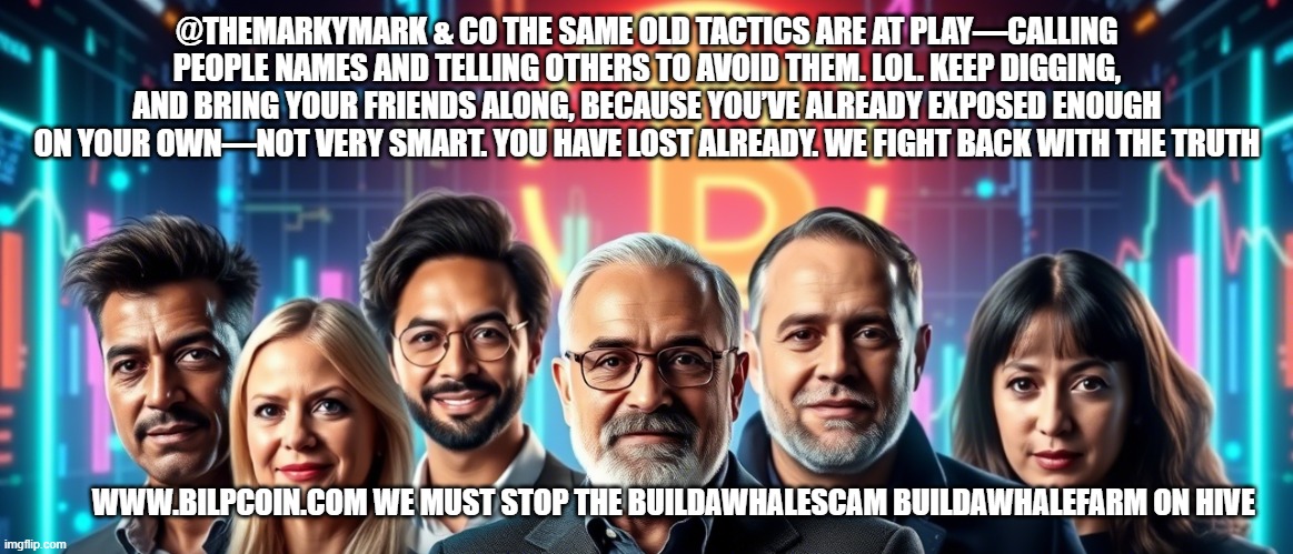 @THEMARKYMARK & CO THE SAME OLD TACTICS ARE AT PLAY—CALLING PEOPLE NAMES AND TELLING OTHERS TO AVOID THEM. LOL. KEEP DIGGING, AND BRING YOUR FRIENDS ALONG, BECAUSE YOU’VE ALREADY EXPOSED ENOUGH ON YOUR OWN—NOT VERY SMART. YOU HAVE LOST ALREADY. WE FIGHT BACK WITH THE TRUTH; WWW.BILPCOIN.COM WE MUST STOP THE BUILDAWHALESCAM BUILDAWHALEFARM ON HIVE | made w/ Imgflip meme maker