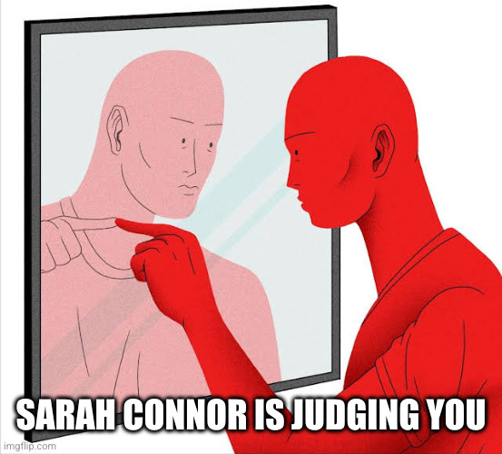 Talking to yourself | SARAH CONNOR IS JUDGING YOU | image tagged in talking to yourself | made w/ Imgflip meme maker