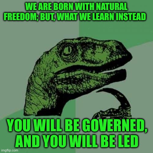 Philosoraptor Meme | WE ARE BORN WITH NATURAL FREEDOM; BUT, WHAT WE LEARN INSTEAD; YOU WILL BE GOVERNED, AND YOU WILL BE LED | image tagged in memes,philosoraptor | made w/ Imgflip meme maker