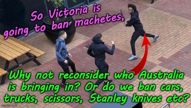 Rather than ban sharp tools, why not ban the type of people who use them? | Yarra Man; So Victoria is going to ban machetes, Why not reconsider who Australia is bringing in? Or do we ban cars, trucks, scissors, Stanley knives etc? | image tagged in australia united islamic kingdom,european islamic union,open borders,self gratification by proxy woke,albanese stalin starmer | made w/ Imgflip meme maker
