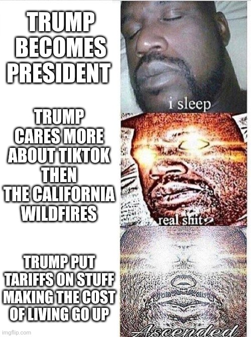 Billionaires won't understand... | TRUMP BECOMES PRESIDENT; TRUMP CARES MORE ABOUT TIKTOK THEN THE CALIFORNIA WILDFIRES; TRUMP PUT TARIFFS ON STUFF MAKING THE COST OF LIVING GO UP | image tagged in i sleep meme with ascended template,memes,donald trump,politics,american politics,economics | made w/ Imgflip meme maker