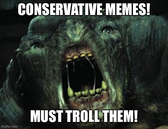 The leftist alt-accounts in the Politics Stream | CONSERVATIVE MEMES! MUST TROLL THEM! | image tagged in cave troll | made w/ Imgflip meme maker