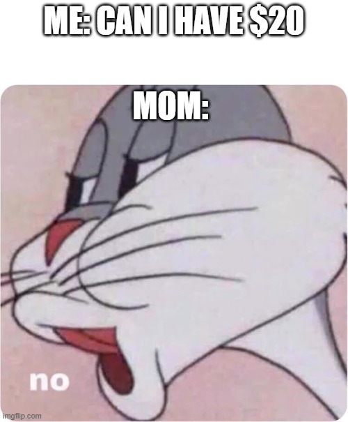 Bugs Bunny No | MOM:; ME: CAN I HAVE $20 | image tagged in bugs bunny no | made w/ Imgflip meme maker
