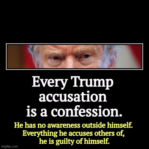 Every Trump 
accusation 
is a confession. | He has no awareness outside himself. 
Everything he accuses others of, 
he is guilty of himself. | image tagged in funny,demotivationals,trump,accused,confession,malignant narcissism | made w/ Imgflip demotivational maker