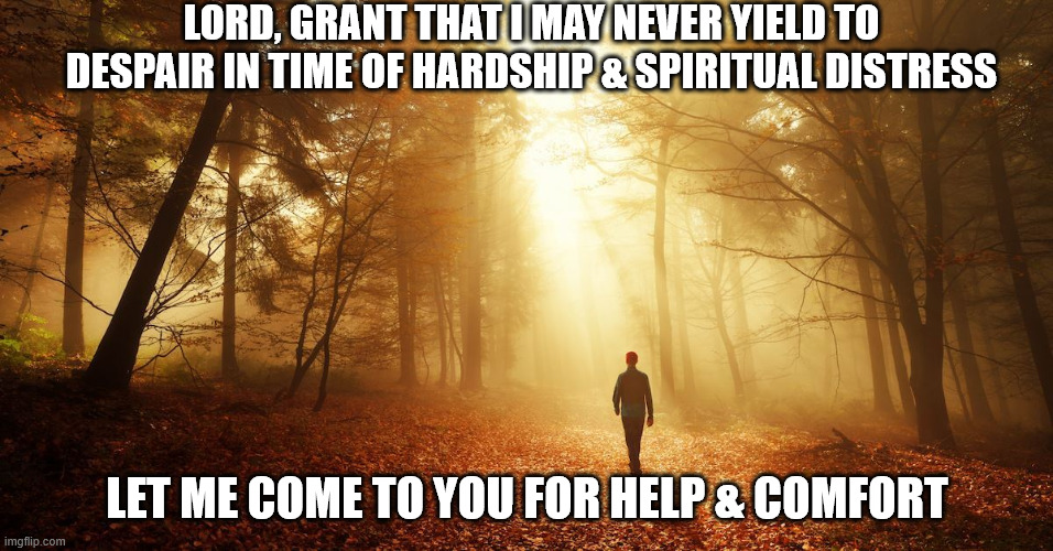 Walking alone my path | LORD, GRANT THAT I MAY NEVER YIELD TO DESPAIR IN TIME OF HARDSHIP & SPIRITUAL DISTRESS; LET ME COME TO YOU FOR HELP & COMFORT | image tagged in walking alone my path | made w/ Imgflip meme maker