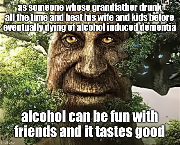 tree | as someone whose grandfather drunk all the time and beat his wife and kids before eventually dying of alcohol induced dementia; alcohol can be fun with friends and it tastes good | image tagged in tree | made w/ Imgflip meme maker