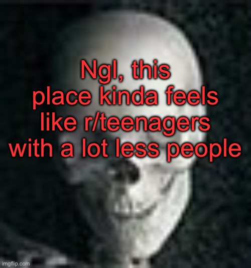 . | Ngl, this place kinda feels like r/teenagers with a lot less people | image tagged in skull | made w/ Imgflip meme maker
