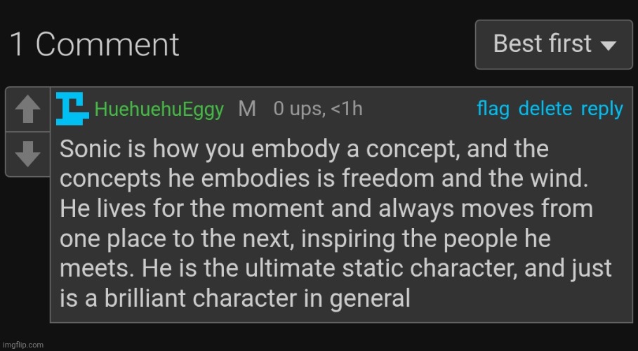 Schpeal I went on about why Sonic is one of my favorite characters and is a good character in general. | made w/ Imgflip meme maker