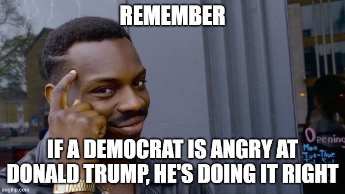 I'd be concerned if they stopped being angry at him. | REMEMBER; IF A DEMOCRAT IS ANGRY AT DONALD TRUMP, HE'S DOING IT RIGHT | image tagged in memes,roll safe think about it,donald trump,maga | made w/ Imgflip meme maker