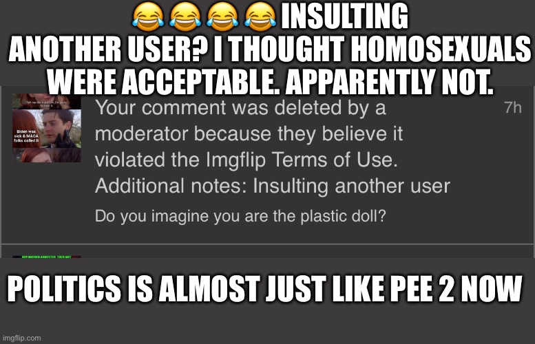 Pee 2 mods running politics? | 😂 😂 😂 😂 INSULTING ANOTHER USER? I THOUGHT HOMOSEXUALS WERE ACCEPTABLE. APPARENTLY NOT. POLITICS IS ALMOST JUST LIKE PEE 2 NOW | image tagged in he posted it,i simply asked if he was one of the charscters,butt hurt,mod protect whiney liberals | made w/ Imgflip meme maker
