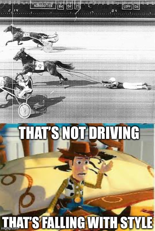 Trotting races | THAT’S NOT DRIVING; THAT’S FALLING WITH STYLE | image tagged in falling with style,trot,racing | made w/ Imgflip meme maker