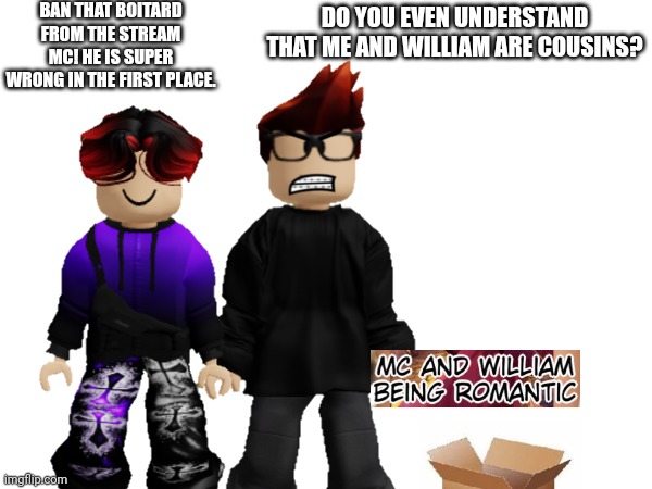 MC and William received fan mail but they recieved the weirdest message | BAN THAT BOITARD FROM THE STREAM MC! HE IS SUPER WRONG IN THE FIRST PLACE. DO YOU EVEN UNDERSTAND THAT ME AND WILLIAM ARE COUSINS? | image tagged in mc,william,memes,fan mail,weird | made w/ Imgflip meme maker