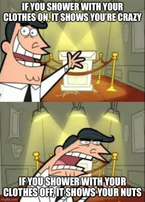 This Is Where I'd Put My Trophy If I Had One Meme | IF YOU SHOWER WITH YOUR CLOTHES ON, IT SHOWS YOU’RE CRAZY IF YOU SHOWER WITH YOUR CLOTHES OFF, IT SHOWS YOUR NUTS | image tagged in memes,this is where i'd put my trophy if i had one | made w/ Imgflip meme maker