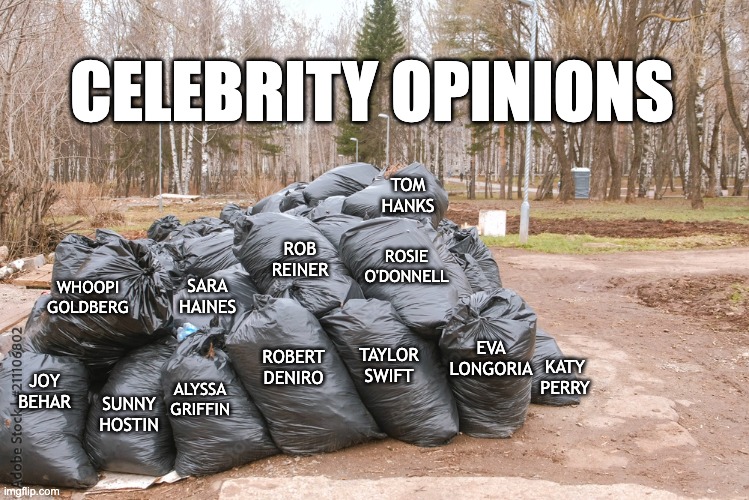 Your politics are tarnishing your bodies of work and level of respect | CELEBRITY OPINIONS; TOM
HANKS; ROB
REINER; ROSIE
O'DONNELL; WHOOPI
GOLDBERG; SARA
HAINES; TAYLOR
SWIFT; EVA
LONGORIA; ROBERT
DENIRO; KATY
PERRY; JOY
BEHAR; ALYSSA
GRIFFIN; SUNNY
HOSTIN | image tagged in garbage bags | made w/ Imgflip meme maker