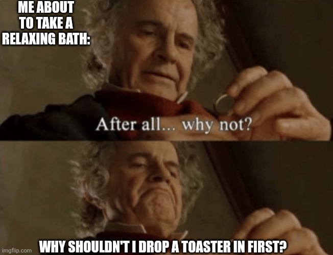 After all.. why not? | ME ABOUT TO TAKE A RELAXING BATH:; WHY SHOULDN'T I DROP A TOASTER IN FIRST? | image tagged in after all why not | made w/ Imgflip meme maker