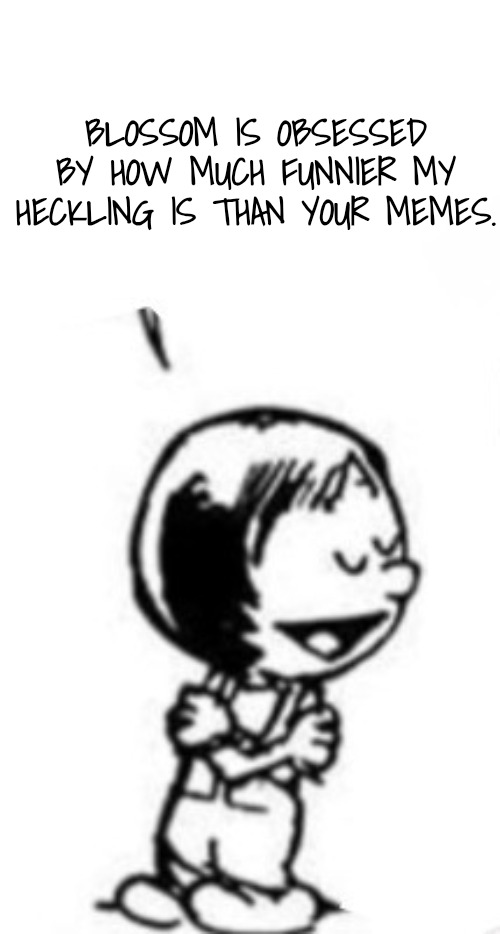 Susie commentary | BLOSSOM IS OBSESSED BY HOW MUCH FUNNIER MY HECKLING IS THAN YOUR MEMES. | image tagged in susie commentary | made w/ Imgflip meme maker