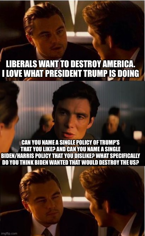 Inception Meme | LIBERALS WANT TO DESTROY AMERICA. I LOVE WHAT PRESIDENT TRUMP IS DOING; CAN YOU NAME A SINGLE POLICY OF TRUMP’S THAT YOU LIKE? AND CAN YOU NAME A SINGLE BIDEN/HARRIS POLICY THAT YOU DISLIKE? WHAT SPECIFICALLY DO YOU THINK BIDEN WANTED THAT WOULD DESTROY THE US? | image tagged in memes,inception | made w/ Imgflip meme maker