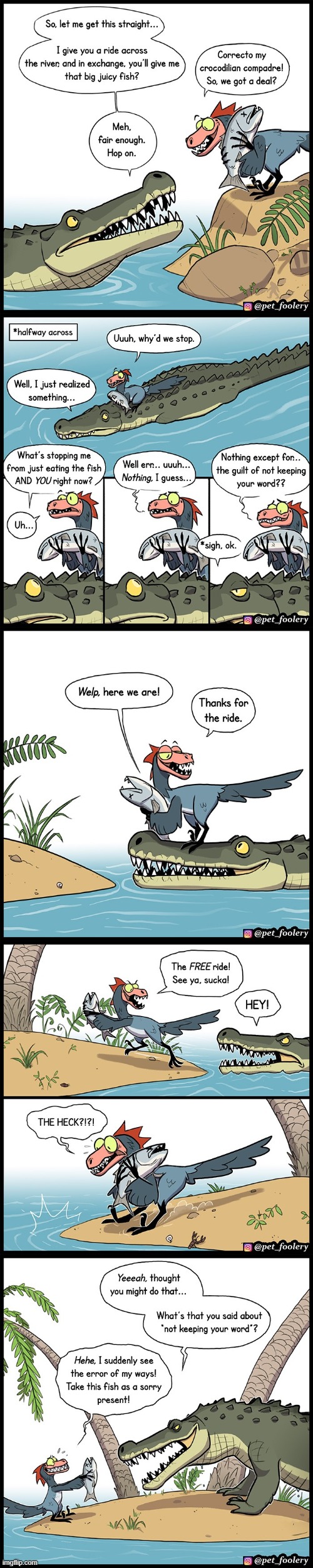 image tagged in dinosaur,crocodile,ride,river,fish,liar | made w/ Imgflip meme maker