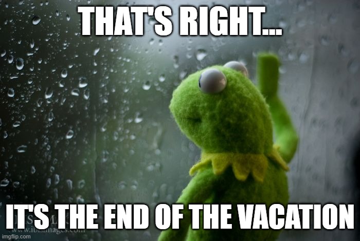 kermit window | THAT'S RIGHT... IT'S THE END OF THE VACATION | image tagged in kermit window | made w/ Imgflip meme maker