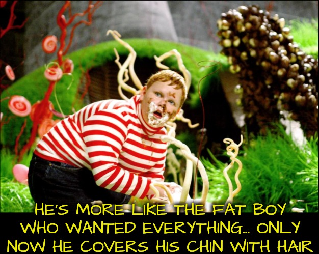 HE'S MORE LIKE THE FAT BOY WHO WANTED EVERYTHING... ONLY NOW HE COVERS HIS CHIN WITH HAIR | made w/ Imgflip meme maker