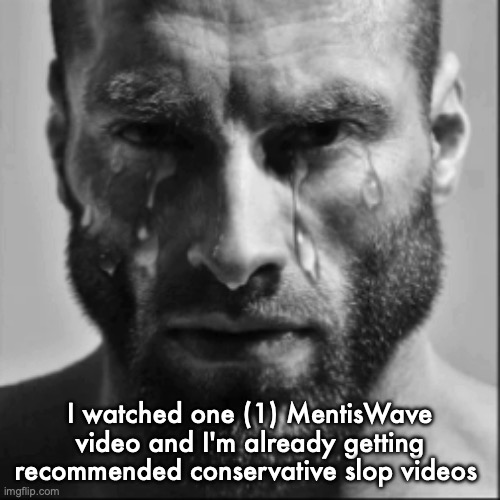 Crying Gigachad | I watched one (1) MentisWave video and I'm already getting recommended conservative slop videos | image tagged in crying gigachad | made w/ Imgflip meme maker
