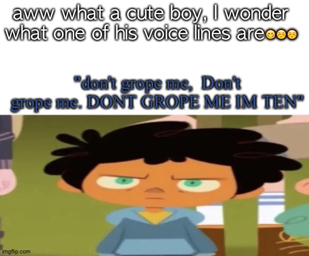 should I do more? Oh and he said this in a blooper | aww what a cute boy, I wonder what one of his voice lines are😋☺️☺️; "don't grope me,  Don't grope me. DONT GROPE ME IM TEN" | made w/ Imgflip meme maker