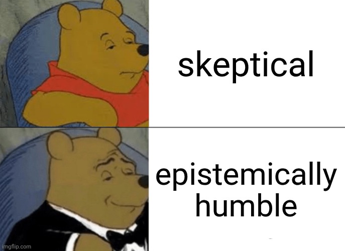 Skeptics | skeptical; epistemically humble | image tagged in memes,tuxedo winnie the pooh,philosophy | made w/ Imgflip meme maker