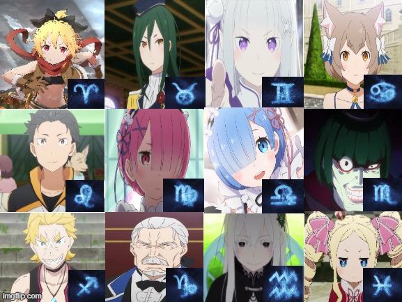 Re: Zero Character Zodiac Signs | image tagged in anime,anime meme,zodiac signs,isekai,re zero | made w/ Imgflip meme maker