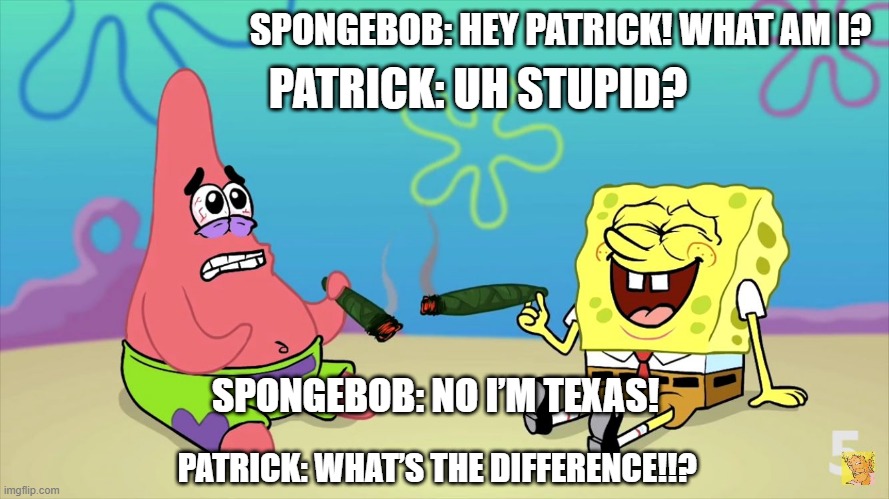 Stupid Texas | SPONGEBOB: HEY PATRICK! WHAT AM I? PATRICK: UH STUPID? SPONGEBOB: NO I’M TEXAS! PATRICK: WHAT’S THE DIFFERENCE!!? | image tagged in sponge bob patrick,texas,censorship,republicans | made w/ Imgflip meme maker