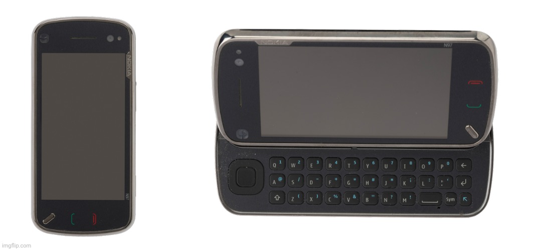 Nokia N97 QWERTY Keyboard, 32GB Storage. Symbian V9.4 S60 5th Edition | image tagged in nokia n97,nokia,mobile,phone | made w/ Imgflip meme maker