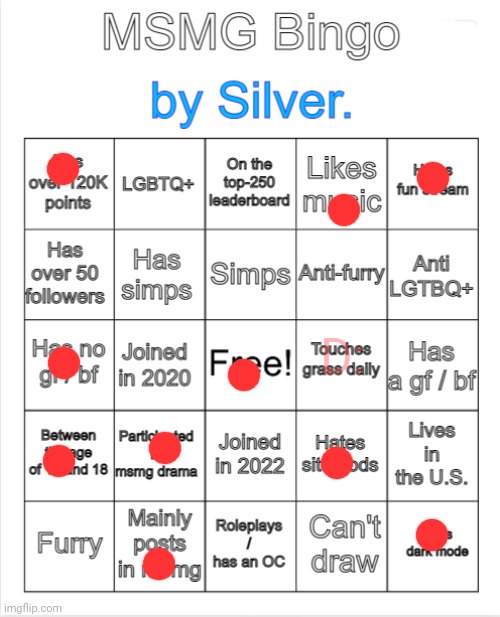 Silver.'s MSMG Bingo | D: | image tagged in silver 's msmg bingo | made w/ Imgflip meme maker