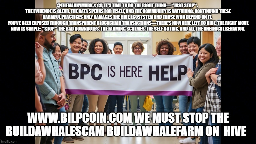 @THEMARKYMARK & CO, IT’S TIME TO DO THE RIGHT THING—**JUST STOP**.  
THE EVIDENCE IS CLEAR, THE DATA SPEAKS FOR ITSELF, AND THE COMMUNITY IS WATCHING. CONTINUING THESE HARMFUL PRACTICES ONLY DAMAGES THE HIVE ECOSYSTEM AND THOSE WHO DEPEND ON IT.  
YOU’VE BEEN EXPOSED THROUGH TRANSPARENT BLOCKCHAIN TRANSACTIONS—THERE’S NOWHERE LEFT TO HIDE. THE RIGHT MOVE NOW IS SIMPLE: **STOP** THE BAD DOWNVOTES, THE FARMING SCHEMES, THE SELF-VOTING, AND ALL THE UNETHICAL BEHAVIOR. WWW.BILPCOIN.COM WE MUST STOP THE BUILDAWHALESCAM BUILDAWHALEFARM ON  HIVE | made w/ Imgflip meme maker