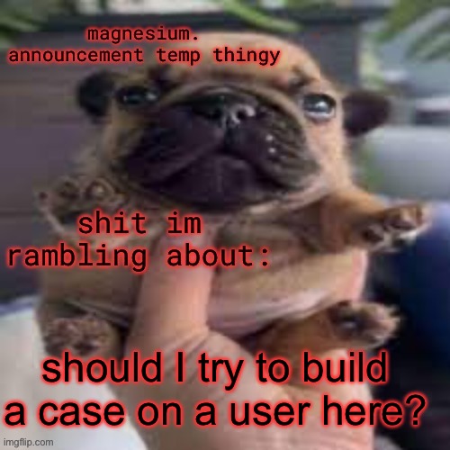 I feel like there actions deserve to be seen | should I try to build a case on a user here? | image tagged in pug temp | made w/ Imgflip meme maker