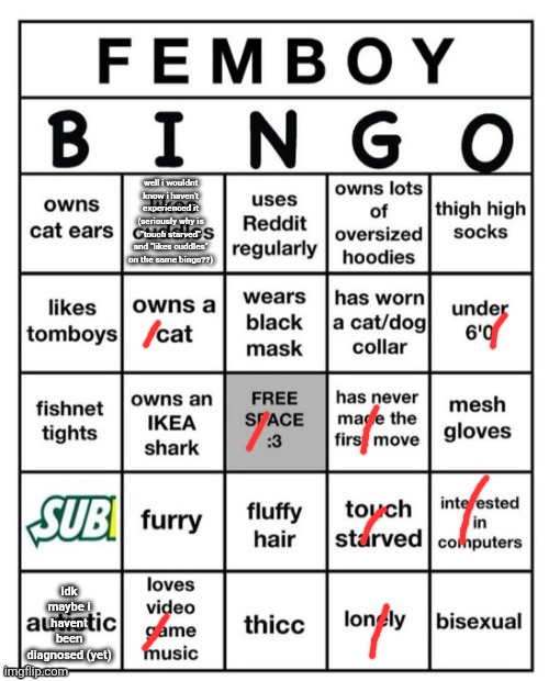 Femboy Bingo | well i wouldnt know i haven't experienced it (seriously why is "touch starved" and "likes cuddles" on the same bingo??); idk maybe i havent been diagnosed (yet) | image tagged in femboy bingo | made w/ Imgflip meme maker