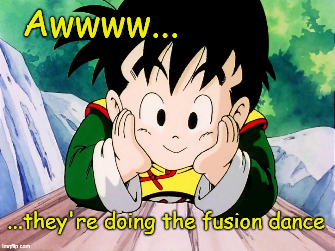 Cute Gohan (DBZ) | Awwww... ...they're doing the fusion dance | image tagged in cute gohan dbz | made w/ Imgflip meme maker