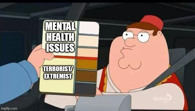 Peter Griffin skin color chart race terrorist blank | MENTAL HEALTH ISSUES; TERRORIST/ EXTREMIST | image tagged in peter griffin skin color chart race terrorist blank | made w/ Imgflip meme maker